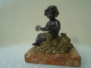 Charming Antique Painted Bronze Statue On Marble Base Child With Cymbals