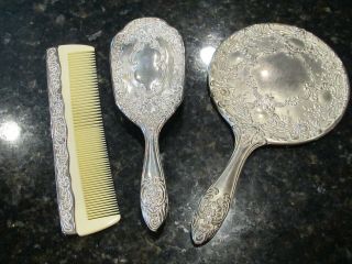 Antique Vanity Set Mirror,  Brush & Comb Silver Plate