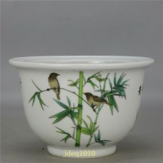 5.  91 " Chinese Antique Pastel Porcelain Hand Painted Bamboo Bird Pattern Flowerpot