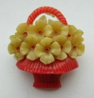 Fantastic Antique Vtg Extruded Celluloid Button Basket Of Flowers 1 - 1/8 " (r)