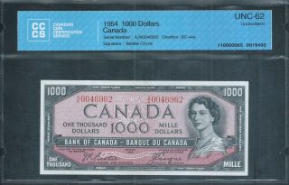 Canada,  Bank Of Canada $1000 1954 Bc - 44a Cccs 62 Uncirculated Rare