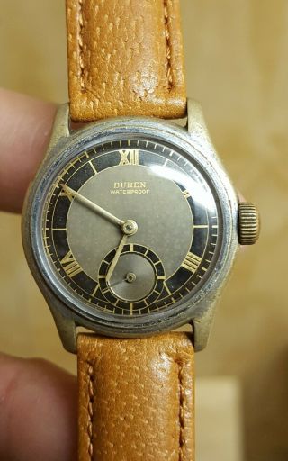 Vintage Buren German Army Military Ww2 Wristwatch Rare Black Tu - Tone Roman Dial