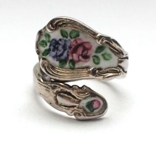 Stunning 925 Sterling Silver Antique Hand Painted Enamel Spoon Ring 4.  5 J 8g