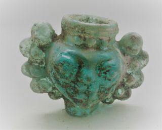 Very Unusual Ancient Roman Aqua Blue Glass Vessel With Two Faces 200 - 300ad