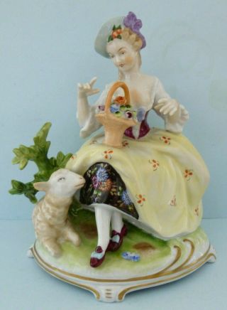 Antique German Unterweissbach Porcelain Lady Sheep Goat Ram Figurine Ornament