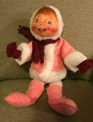 Vintage Annalee Mobilitee Doll,  Girl In Pink Winter Coat/boots 20”