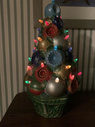 Vtg Ceramic Lighted Christmas Tree 17” Stacked Ornaments 2 Piece “Rare” 2