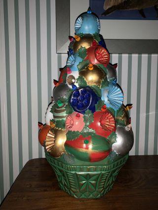 Vtg Ceramic Lighted Christmas Tree 17” Stacked Ornaments 2 Piece “Rare” 3