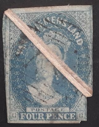 Rare 1857 Tasmania Australia 4d Blue Imperf Chalon Head Stamp Preprint Fold