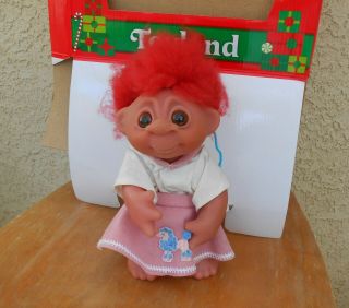 Large Old Vintage Thomas Dam 1985 Red Hair 9 " Troll Doll Poodle Skirt Denmark