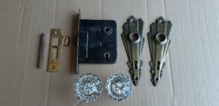 Antique Glass Door Knob Set With Back Plates Strike Plate Mortise Lock