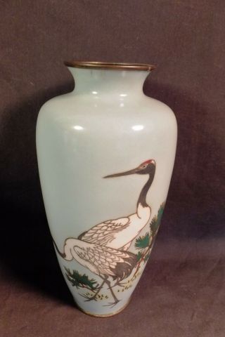8.  5 " Signed Ando Japanese Showa Cloisonne Vase 2 Large Standing Cranes
