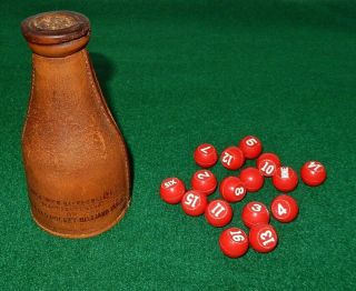Antique Brunswick Leather Kelly Pool Shaker Bottle & Full Set Of16 Pills / Peas