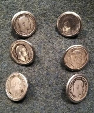 6 Antique Silver Edwardian 3d Coin Buttons