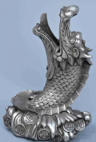 Collectable Handwork Old Miao Silver Carve Exorcism Dragon Goldfish Tibet Statue