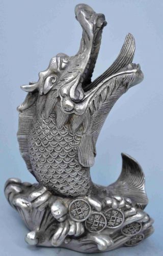 Collectable Handwork Old Miao Silver Carve Exorcism Dragon Goldfish Tibet Statue 2
