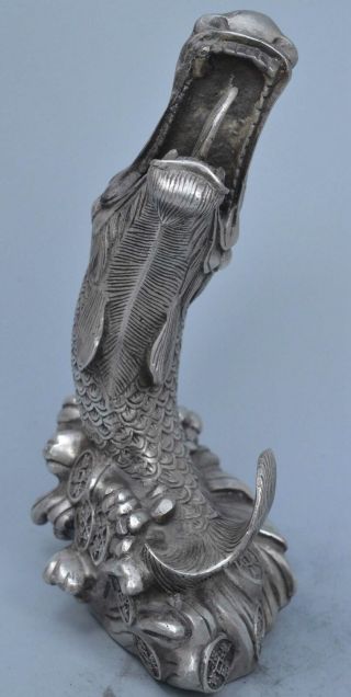 Collectable Handwork Old Miao Silver Carve Exorcism Dragon Goldfish Tibet Statue 3