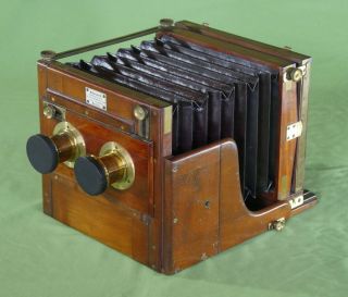 Rare Tropical Meagher Stereo Tailboard Whole Plate Camera Mahogany Brass C.  1880