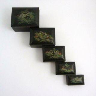 Set Of Five Japanese Lacquer Ware Nesting Boxes With Landscape Scenes