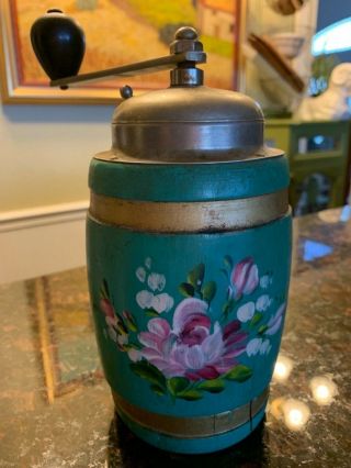 Vintage Antique Coffee Bean Spice Grinder Mill Wood Hand Crank Flower Barrel