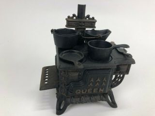 Antique " Queen " Cast Iron 6 " Miniature Salesman Sampler Stove W/accessories