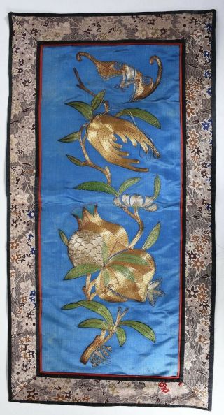 Antique Chinese Silk Floral Embroidery Textile On Celestial Blue 23 " X 11 - 1/2 "