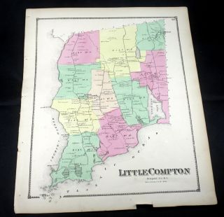 Antique 1870 D.  G.  Beers Atlas Hand Colored Map Little Compton Rhode Island