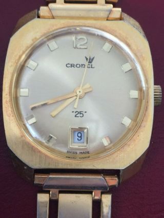1970s Chunky Funky Gold Tone Cronel Mans Watch,  Gold Band,  Box