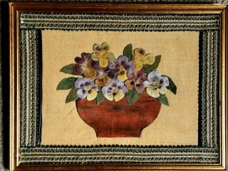 Vintage " Shabby Chic " Hand Worked Fabric Pansy Picture " Decoupage "