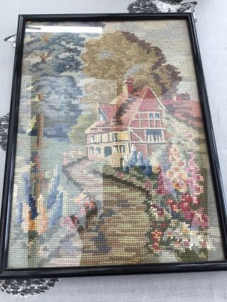 Fab Vintage Needlepoint Tapestry Framed House & Garden Scene In Frame