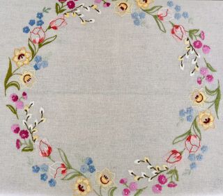 Vintage German Hand Embroidered Tablecloth Country Spring Flowers Baumwolle