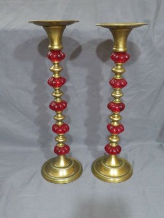 Set Of 2 Antiqued Brass Pillar Candle Holder W/ Dark Red Large Jewels 13” Tall