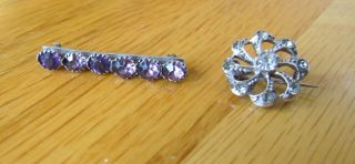 French Antique Silver Paste Brooch Pin And Amethyst Bar Brooch