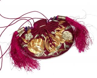 Antique Chinese Silk Robe Embroidery Scent Pouch Purse Gold Stitch W Tassels