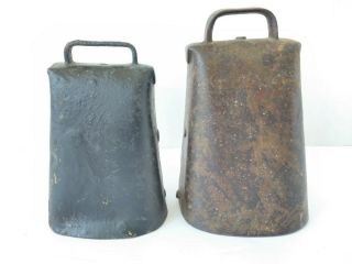 2 Large Antique Handmade Cow Bells With Hand Hammered Rivets & Folded Corners