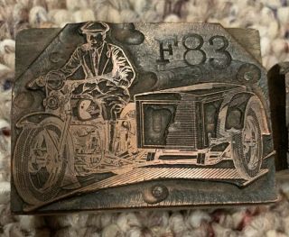 1920s Letterpress Printing Block Cut Antique Motorcycle with Sidecar 2
