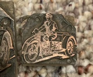 1920s Letterpress Printing Block Cut Antique Motorcycle with Sidecar 3