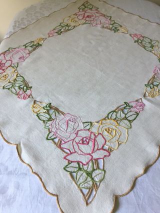 Vintage Linen Tablecloth Natural Linen Hand Embroidered Roses,  Cutwork 30 " Sq.