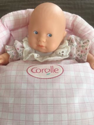 Vtg Corolle 8” Mini Baby Blue Eyes With Soft Bassinet 1996 Made In France