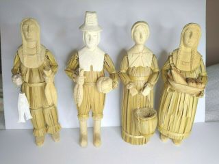 Vintage Rare Set Of 4 Folk Art Corn Husk And Carved Wood Pilgrims Thanksgiving