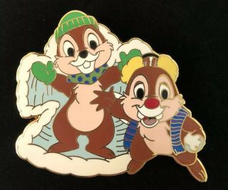 Disney Le 100 Chip & Dale Playing In Snow Angel Winter Jumbo Pin Rare Htf