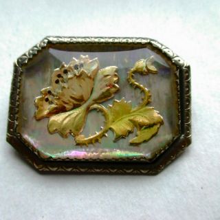 Antique Goofus Glass Reverse Painted Intaglio Pressed Glass Flower Brooch Pin