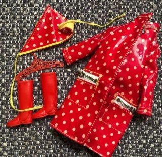 Vintage Barbie Francie 1255 Polka Dots ‘n Raindrops Coat Hat Red Boots Hanger
