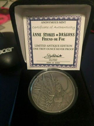 1oz Silver Coin Anne Stokes Dragon " Antiqued " 1st In Series " Friend Or Foe " Coa262
