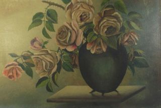 Antique Victorian Oil Painting Still Life Pink Roses Flowers C.  1890