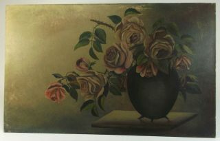 Antique Victorian Oil Painting Still Life Pink Roses Flowers c.  1890 3