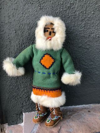 Vintage Alaska Eskimo Doll Felt Beads 13 "