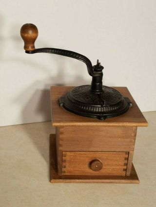 Antique Woodcraftery Cast Iron And Wood Hand Crank Coffee Mill Grinder