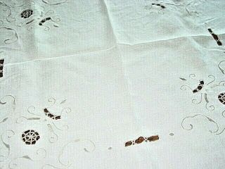 Vtg.  Tablecloth Madeira Linen Ivory W/taupe Trim,  Cutwork,  Embroidery,  50x52 " 1940 