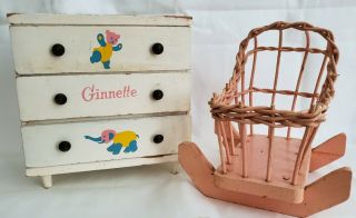 Vintage Ginnette Doll Furniture White Painted Wood Dresser And Wicker Cradle